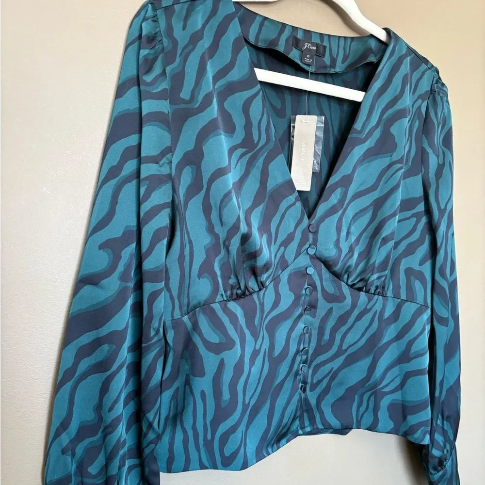 NWT J. Crew Green Black Zebra Print Satin V-Neck Button Front Blouse Size 8
